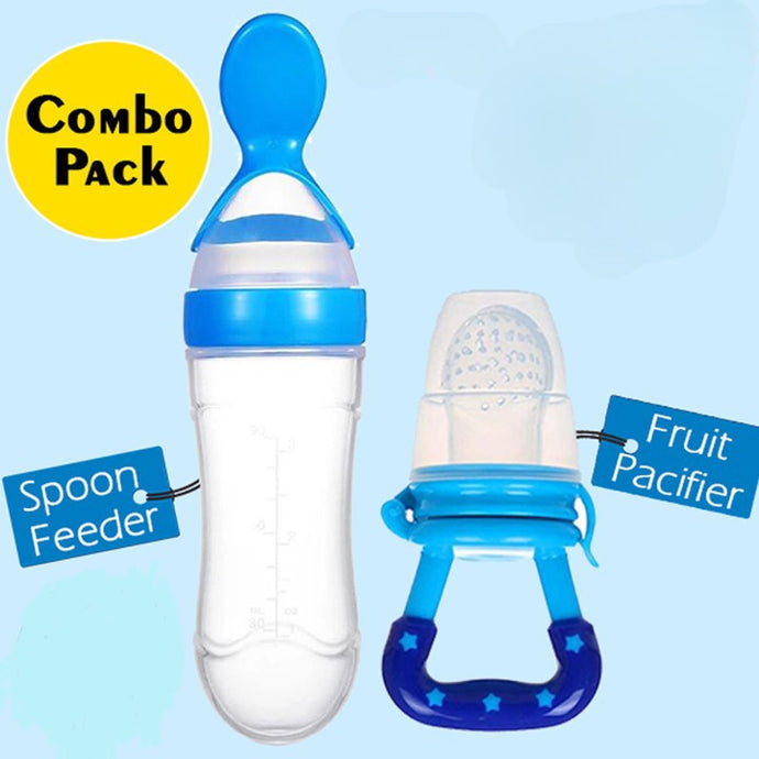 (Combo) Baby Spoon Feeder Silicone Bottle Feeding With Free Fruit Pacifier Toddler