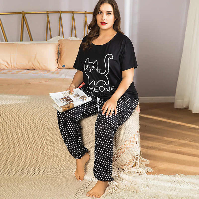 MEOW Cat Style Printed Design Ladies Sleepwear Night Dress with Shirt and Trouser (Complete Sleeping Suit) For Women and Girls