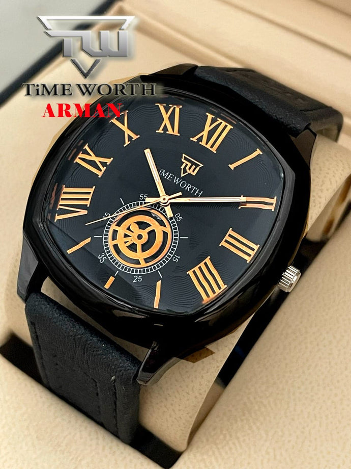 Time Worth Arman Black Stylish Leather Strap Watch