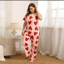 Load image into Gallery viewer, Pink Colour Hearts Printed Design Full Sleeves Round Neck Ladies Night Suit Comfortable Pajama Suit Printed Night Dress For Women &amp; Girls
