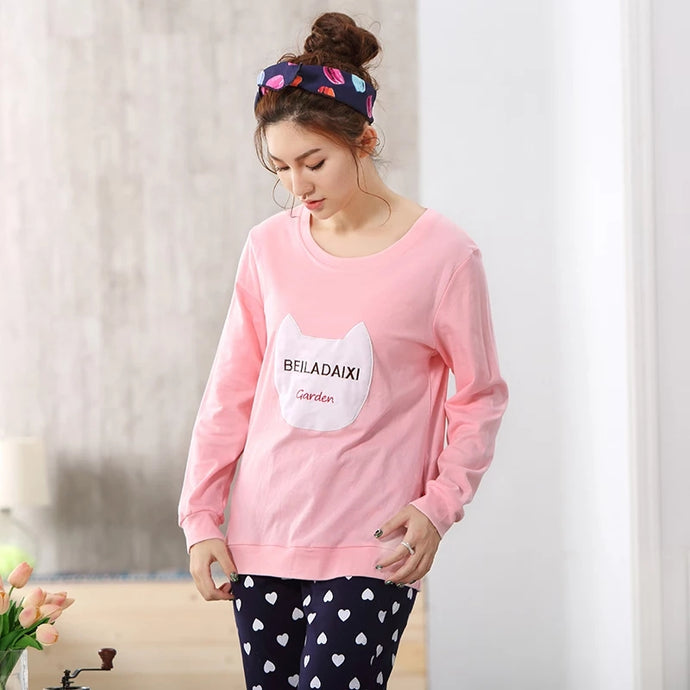 Pink Colour Cat Shaped Printed Design Full Sleeves Round Neck Ladies Night Suit Comfortable Black Heart Pajama Suit Printed Night Dress For Women & Girls