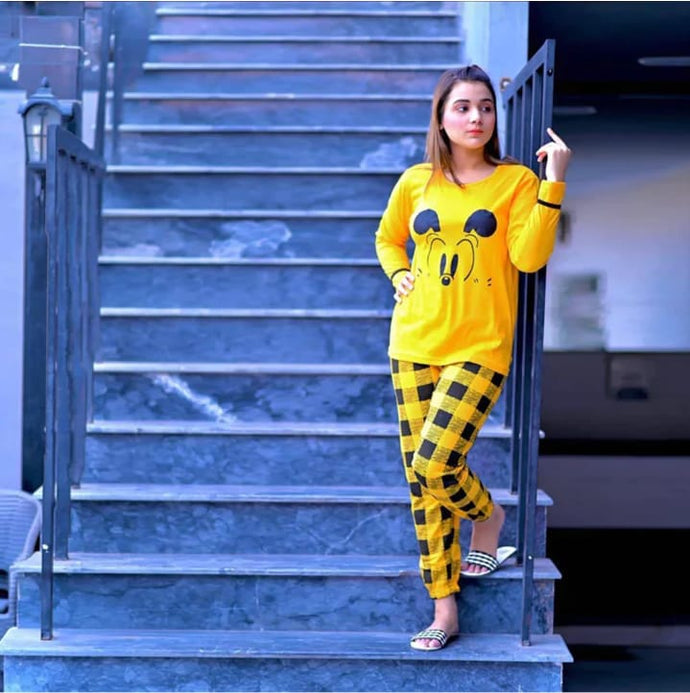 YELLOW CHECK Design Ladies Sleep Wear Night Dress with Shirt and Trouser (Complete Sleeping Suit) For Women and Girls
