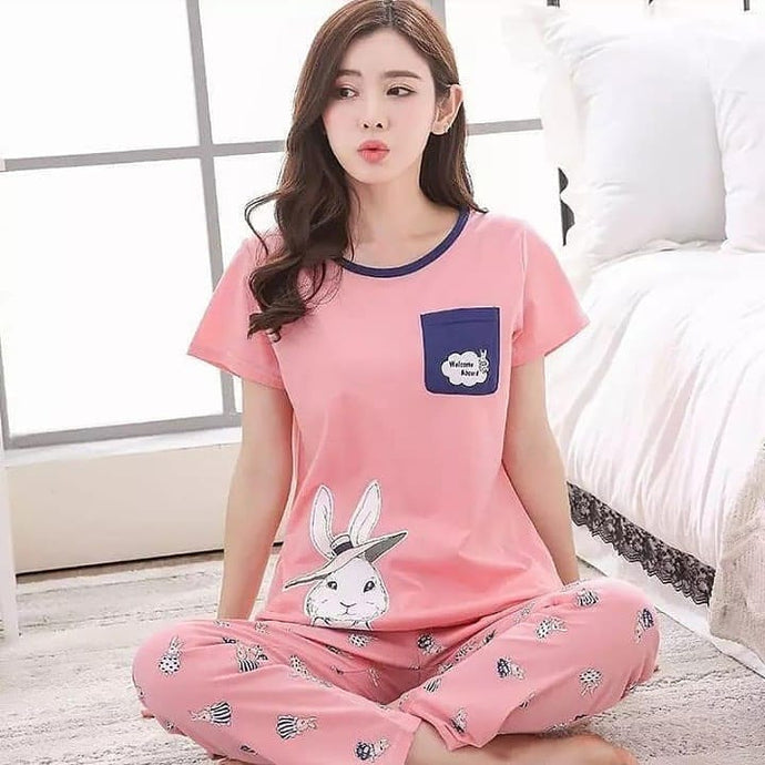 Pink Colour Rabbit Printed Design Round Neck Ladies Night Suit Comfortable Pajama Suit Printed Night Dress For Women & Girls